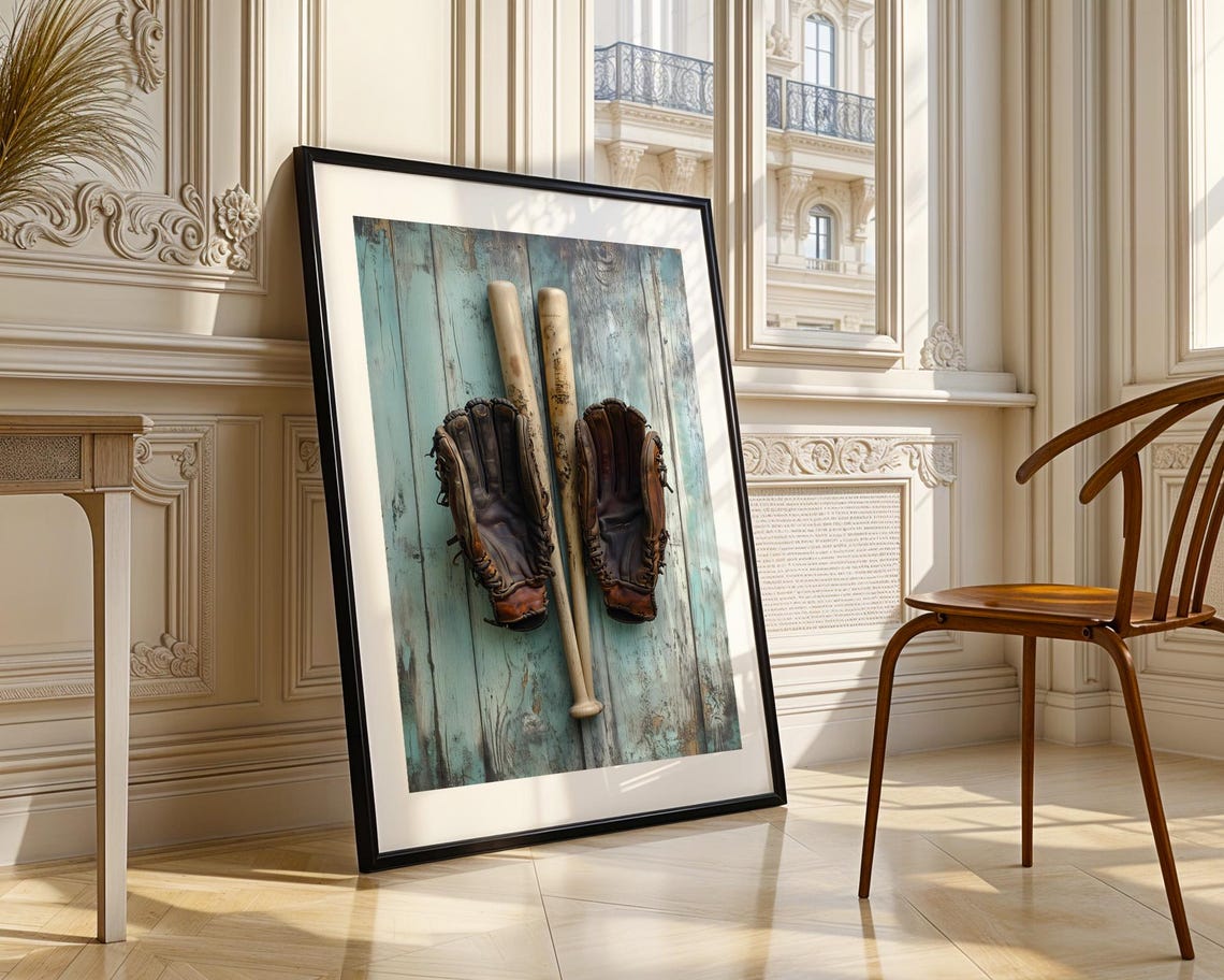 Vintage Baseball Gloves And Bats Rustic Teal Wood Art Poster - Image 3