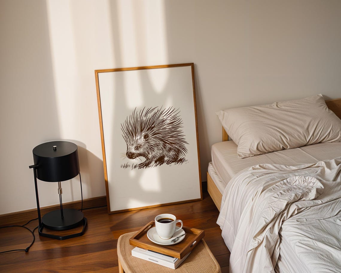 Sepia Porcupine Ink Sketch Vintage Wildlife Illustration Poster - Image 3