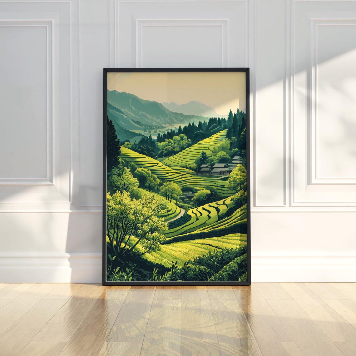 Lush Green Rice Terraces Sunny Valley Farmhouses Landscape Poster