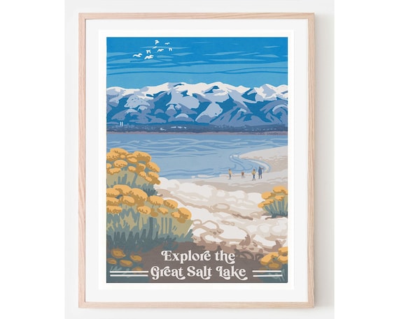 Explore the Great Salt Lake Utah Snowy Mountains Travel Poster