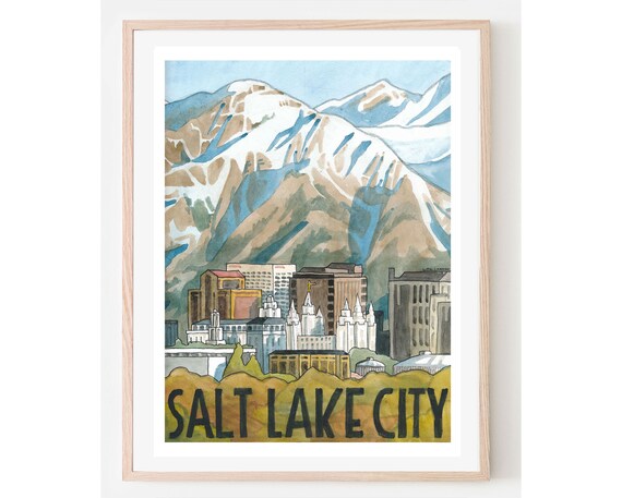 Salt Lake City Skyline Vintage Snowy Mountain Watercolor Poster