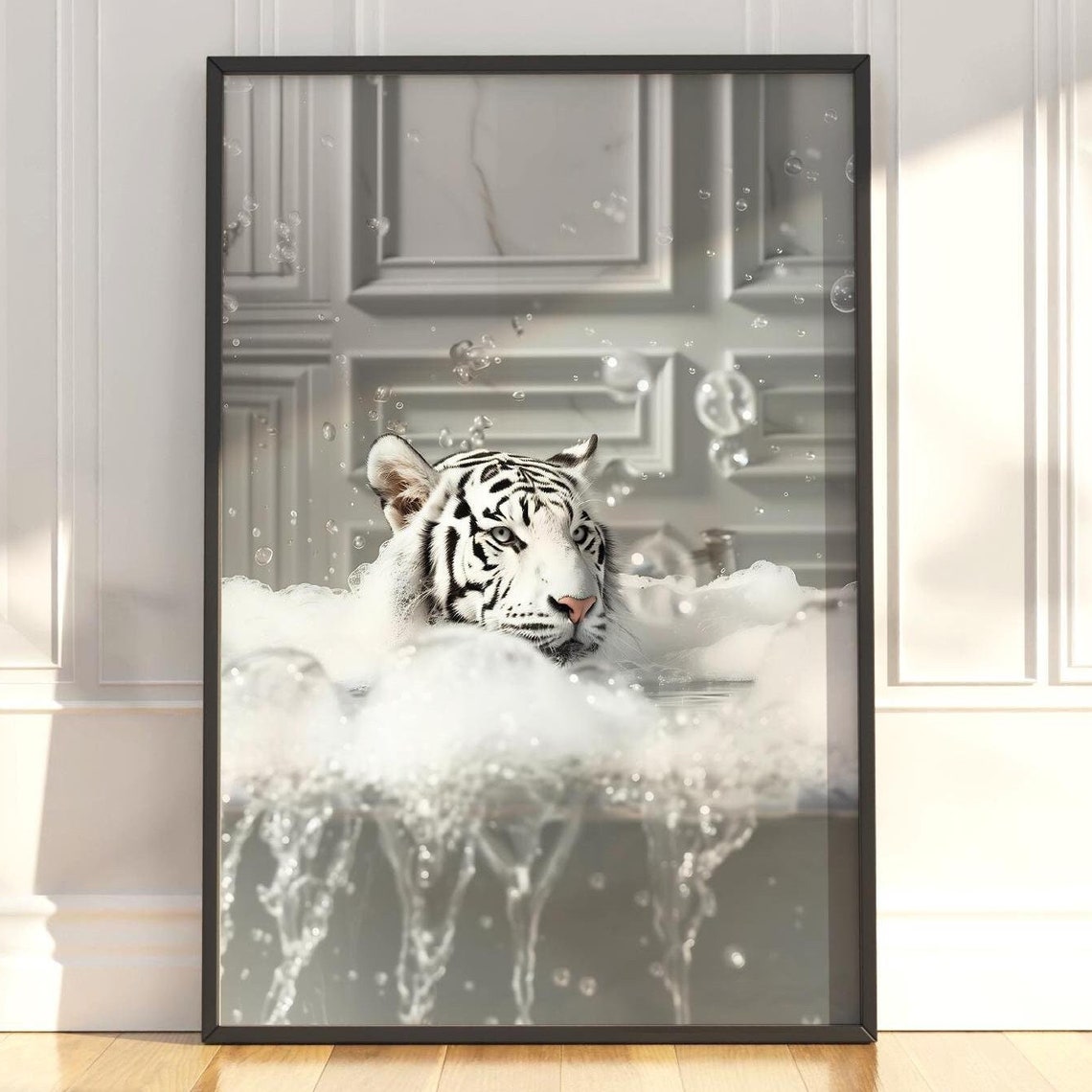 White Tiger Face In A Splashing Bubble Bath Close Up Funny Poster - Image 5