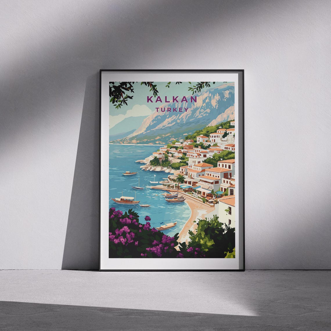 Kalkan Turkey Coastal Town Harbor Vintage Illustration Poster