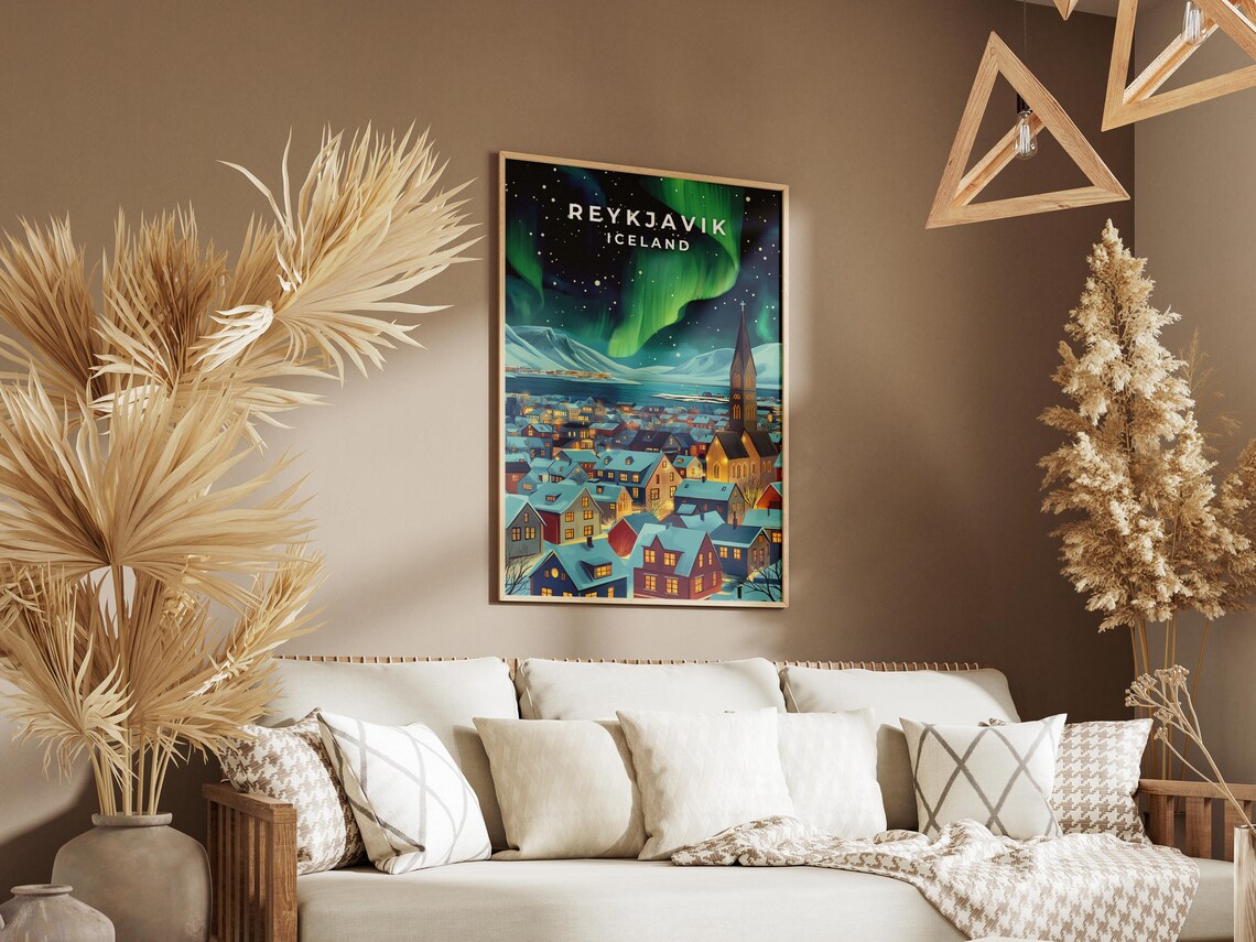 Reykjavik Iceland Northern Lights Snowy Winter Town Night Poster - Image 3