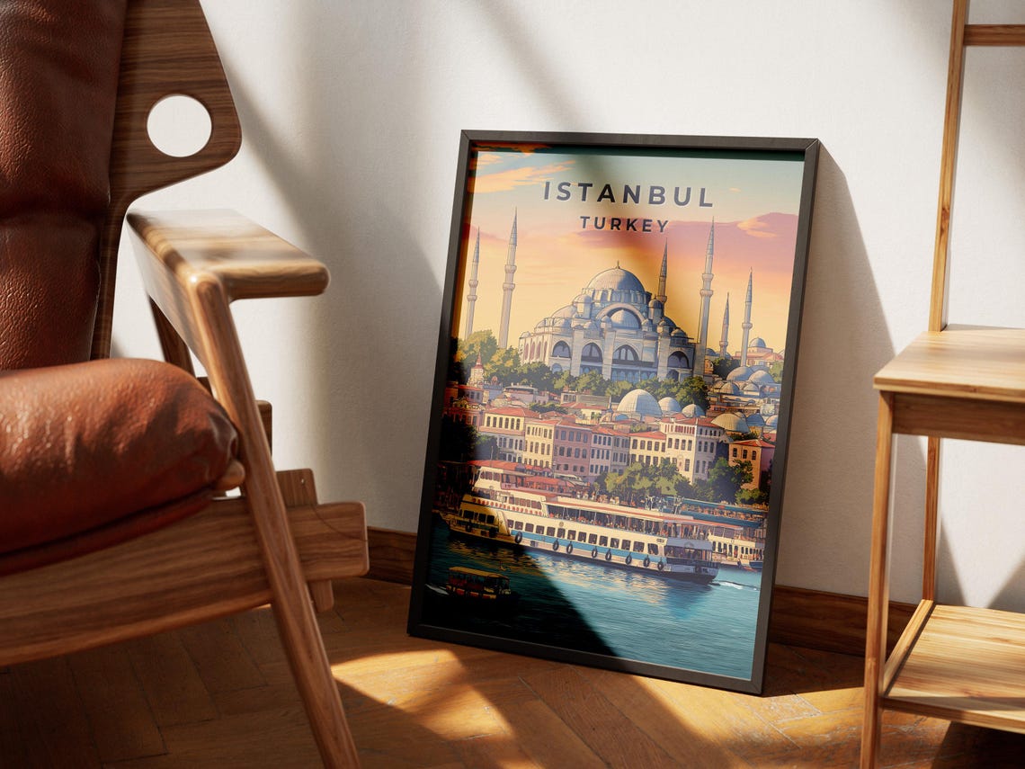 Istanbul Turkey Mosque Bosphorus Boats Travel Illustration Poster - Image 4