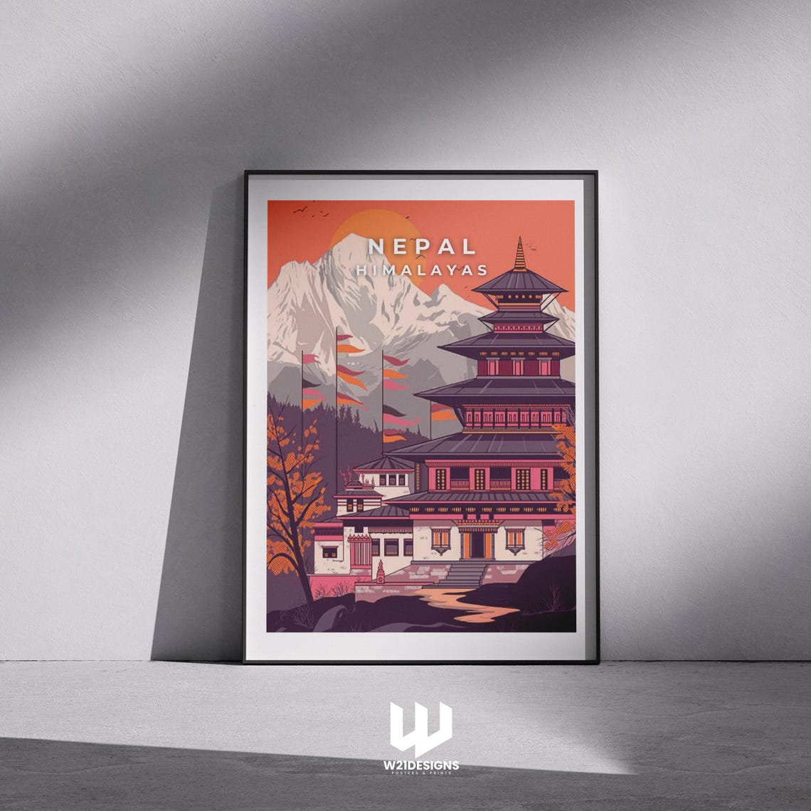 Nepal Himalayas Temple Peaks Sunset Vintage Illustration Poster