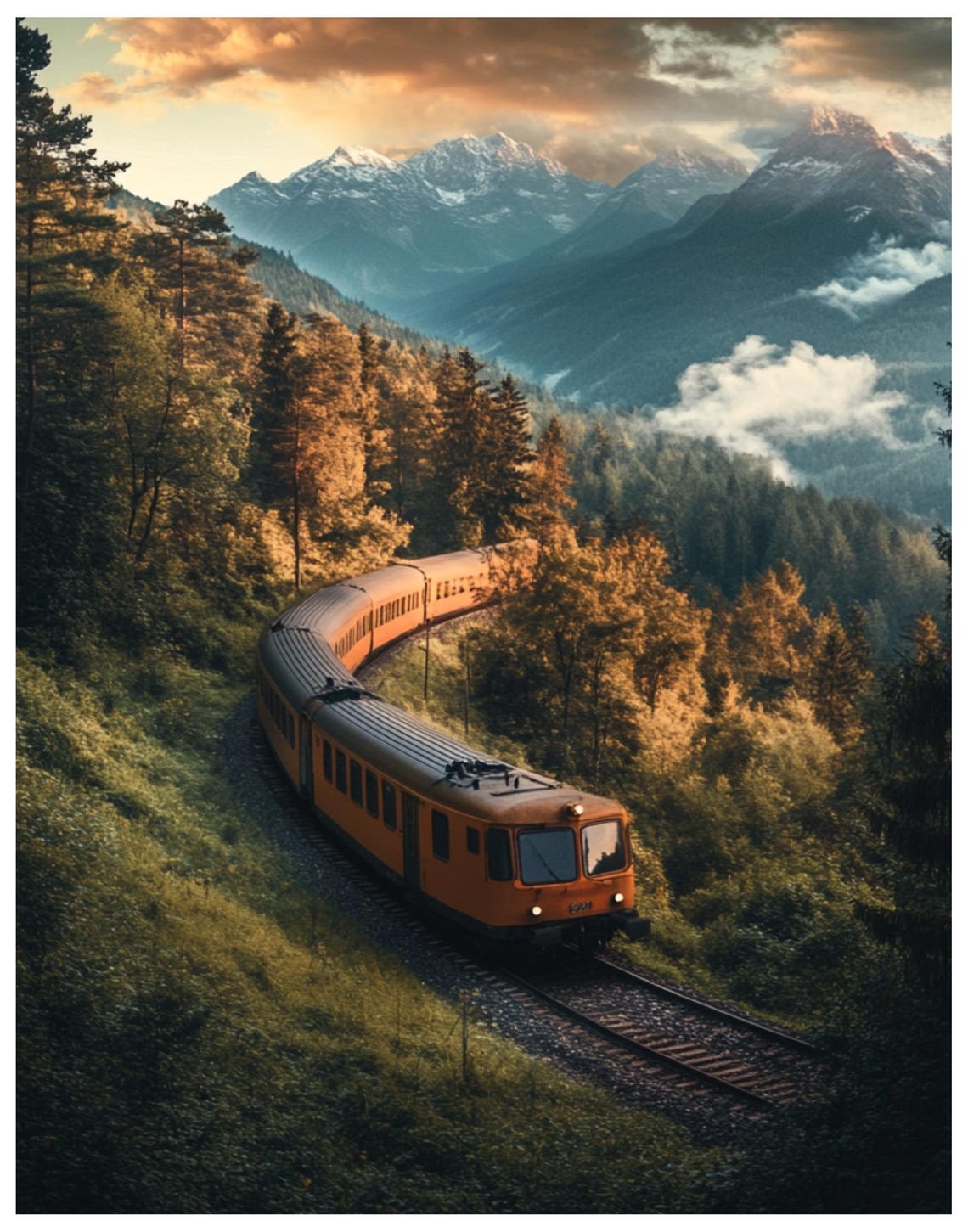 Orange Train Mountain Valley Sunset Scenic Railway Journey Poster
