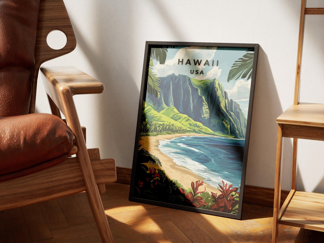 Hawaii USA Golden Tropical Beach Palms Mountains Travel Poster - Image 4