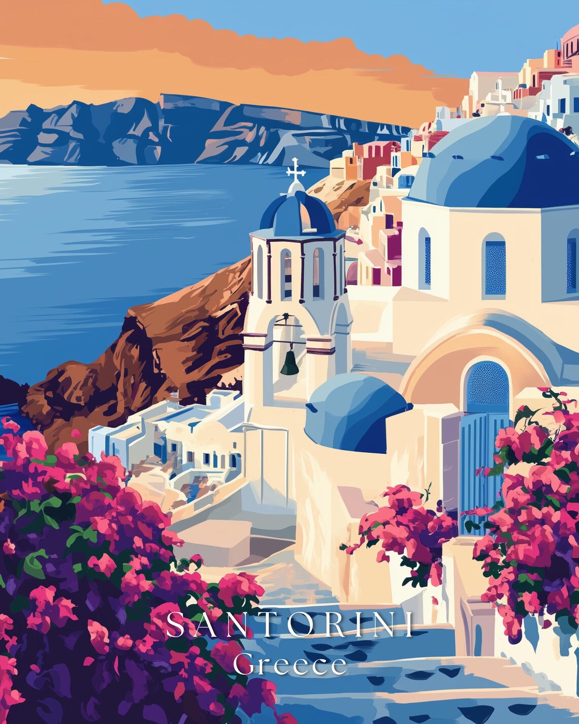 Santorini Greece Blue Domes Aegean Sea Village Illustration Poster - Image 2