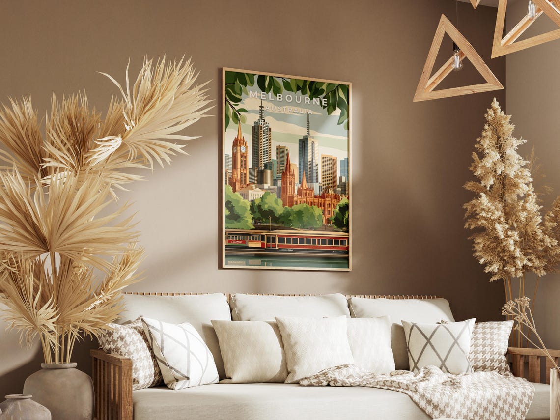 Melbourne Australia Skyline Tram Vintage Illustration Poster - Image 3