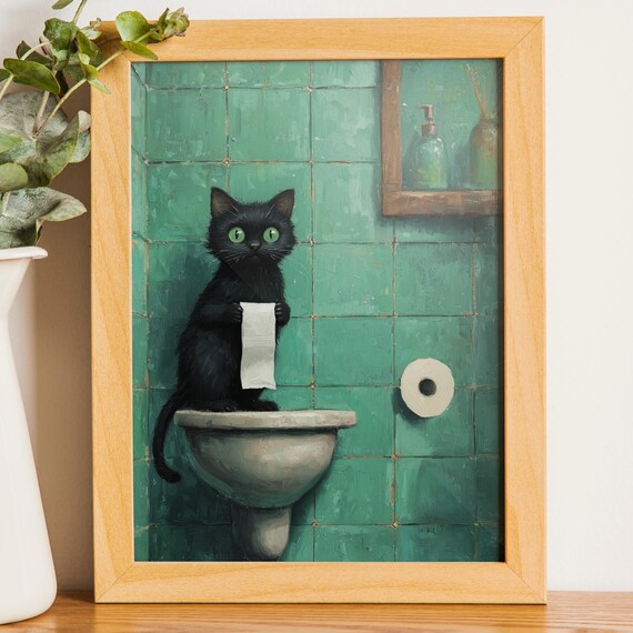 Funny Black Cat Wall Art Playing With Toilet Paper Retro Mint Bathroom Poster Vintage Print Humorous Decor