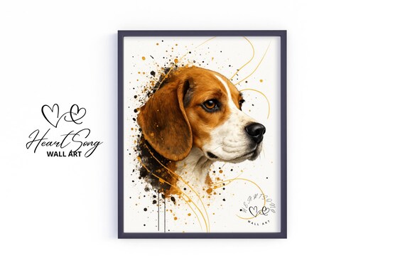 Beagle Watercolor Splatter Gold Accents Portrait Dog Art Poster