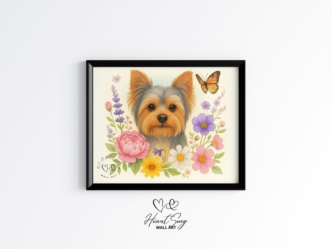 Yorkshire Terrier Watercolor Floral Portrait Butterfly Dog Art Poster