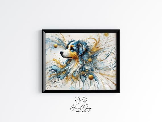 Australian Shepherd Dog Rustic Farmhouse Wall Art Moody Alcohol Ink Painting Country Home Decor 139