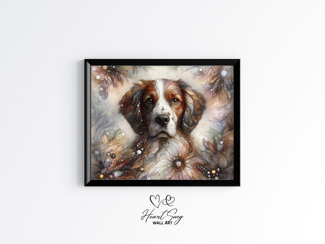 Brittany Spaniel Portrait Poster Floral Elegant Neutral Dog Artwork