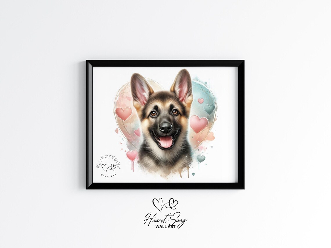 German Shepherd Puppy Watercolor Pink Hearts Cute Dog Love Poster