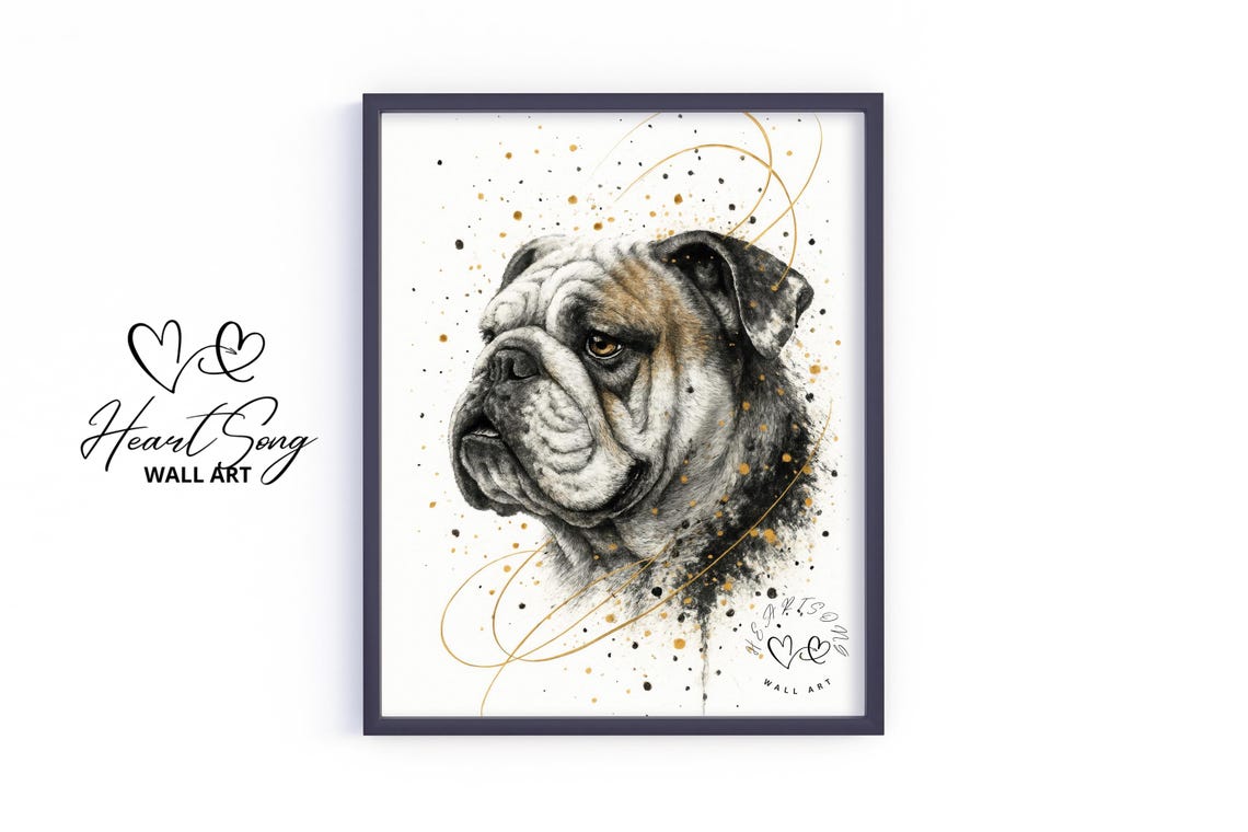 Bulldog Portrait Dramatic Ink Sketch Gold Splatter Style Poster