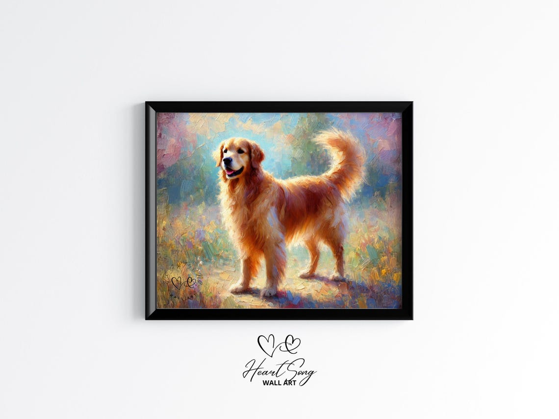 Golden Retriever Standing In Sunlit Garden Painterly Dog Poster