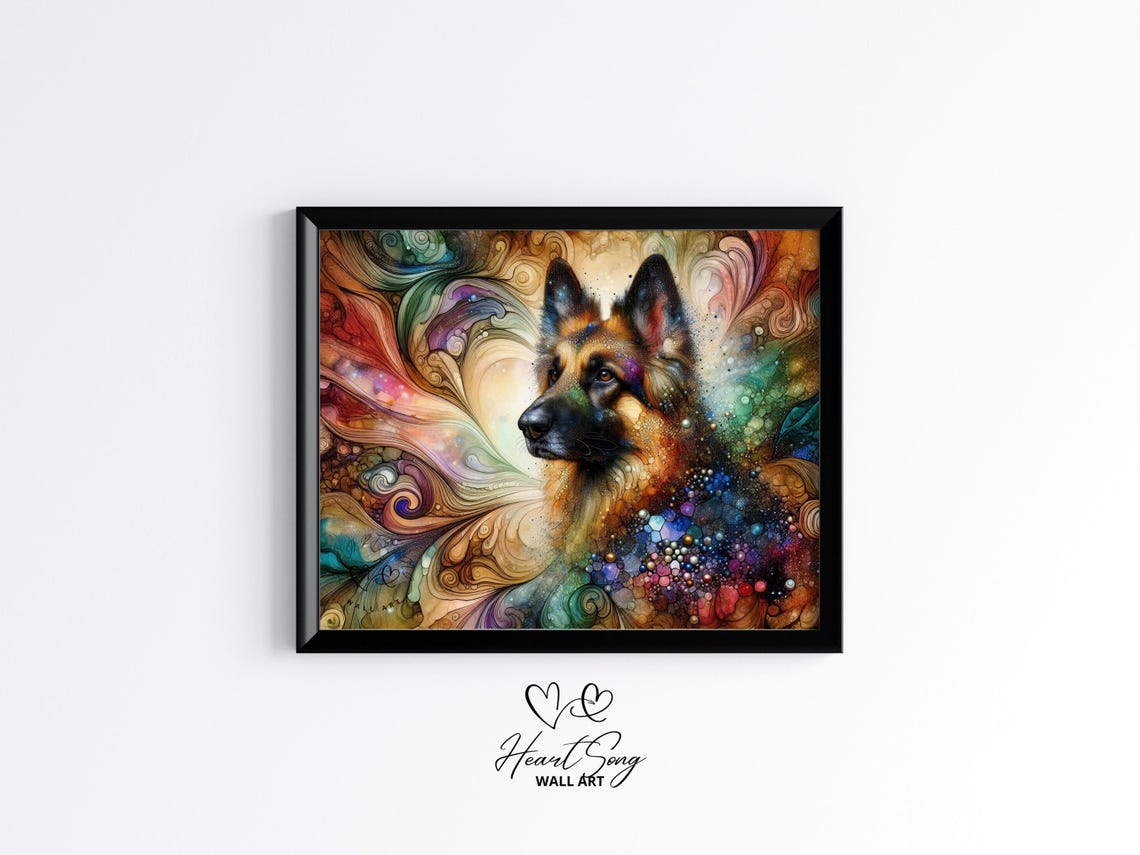 German Shepherd Dog Painting Rustic Abstract Wall Art In A Dreamy Alcohol Ink Composition For Modern Decor Lovers 872