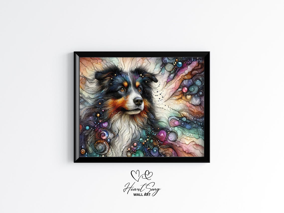 Australian Shepherd Portrait Wrapped in Rainbow Ink Swirls Wall Art