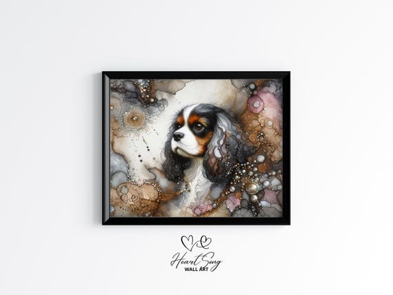 Cavalier King Charles Spaniel Dog Painting Rustic Abstract Wall Art With Flowing Alcohol Ink Textures For Modern Decor Lovers 846