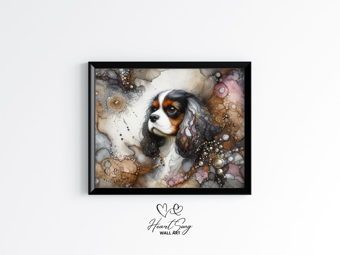 Cavalier King Charles Spaniel Dog Painting Rustic Abstract Wall Art With Flowing Alcohol Ink Textures For Modern Decor Lovers 846