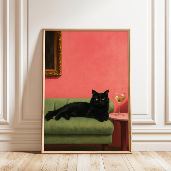 Black Cat Lounging Green Sofa Martini Cocktail Whimsical Art Poster