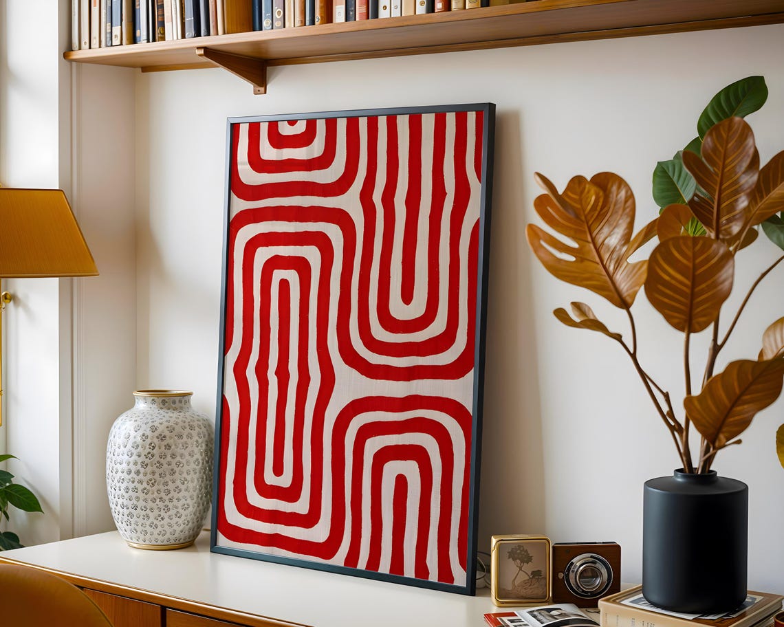 Red Geometric Wavy Line Abstract Bold Modern Pattern Art Poster - Image 4