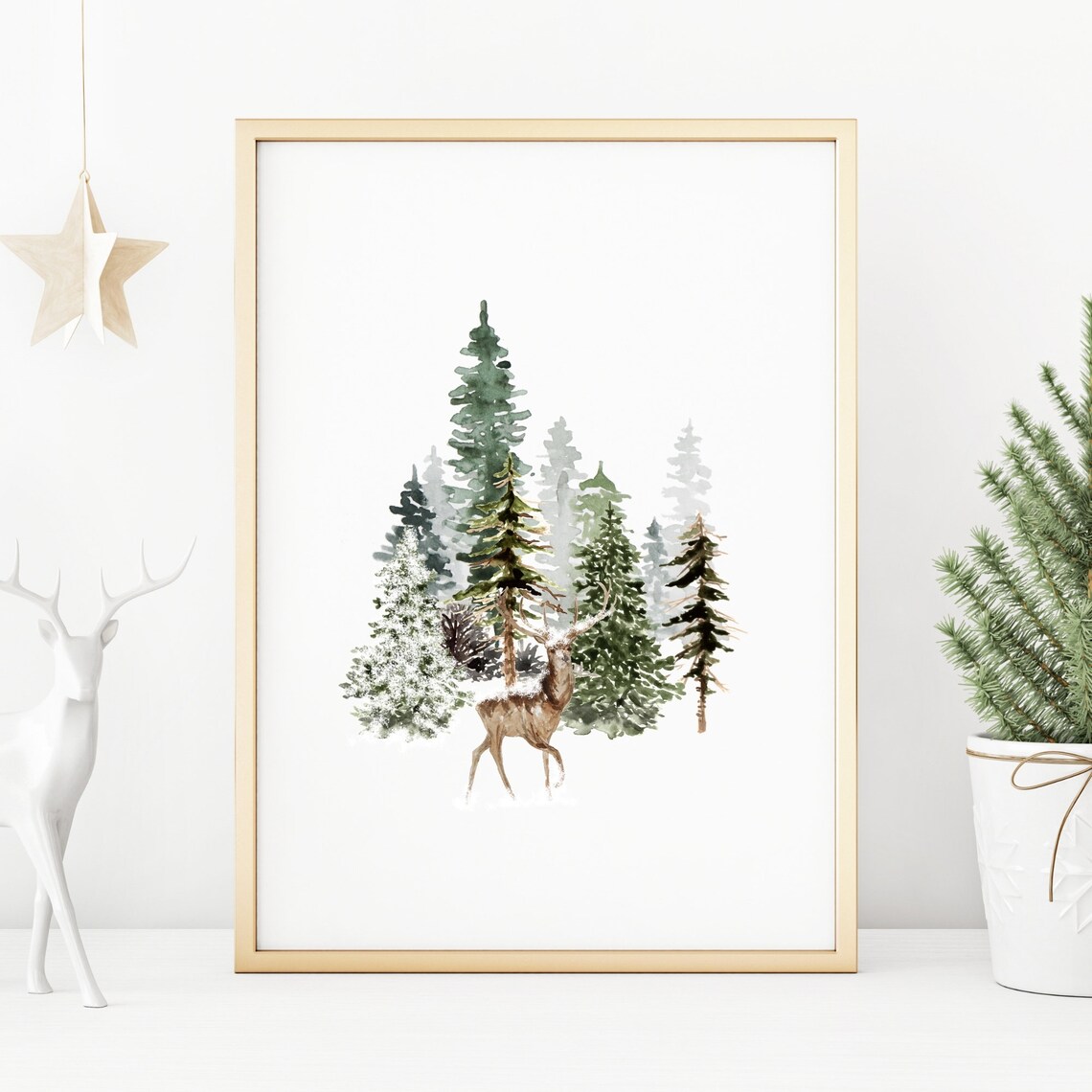 Winter Deer among Pine Trees Watercolor Woodland Forest Art Poster - Image 2