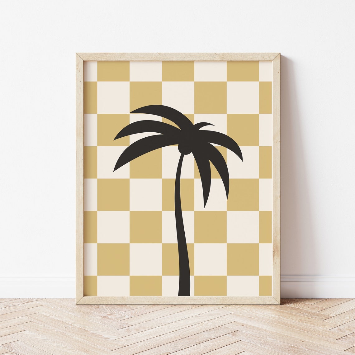 Boho Palm Tree Silhouette Tan Checkered Tropical Beach Wall Art