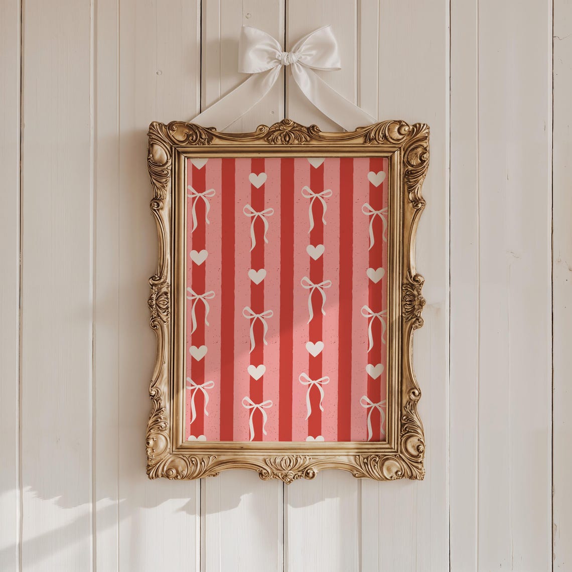 Red and Pink Striped Bow Heart Pattern Retro Valentine Poster - Image 2