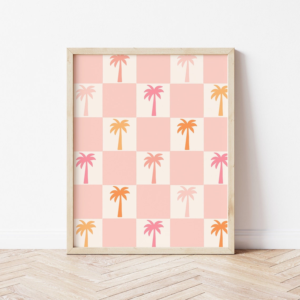 Pink Checkerboard Palm Tree Silhouettes Retro Tropical Pattern Poster