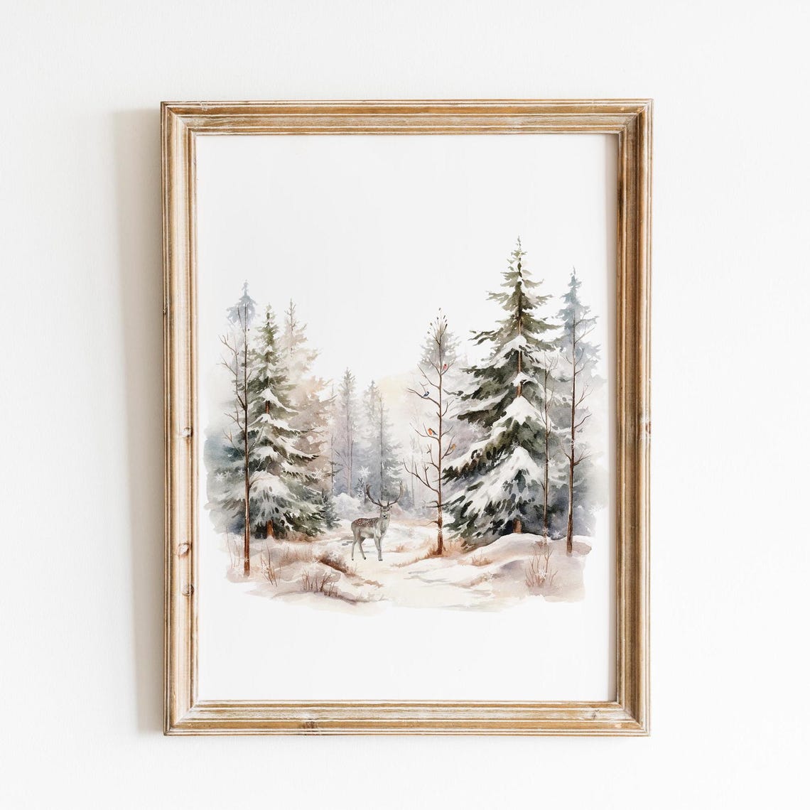 Winter Deer Snowy Pine Forest Watercolor Wildlife Art Poster