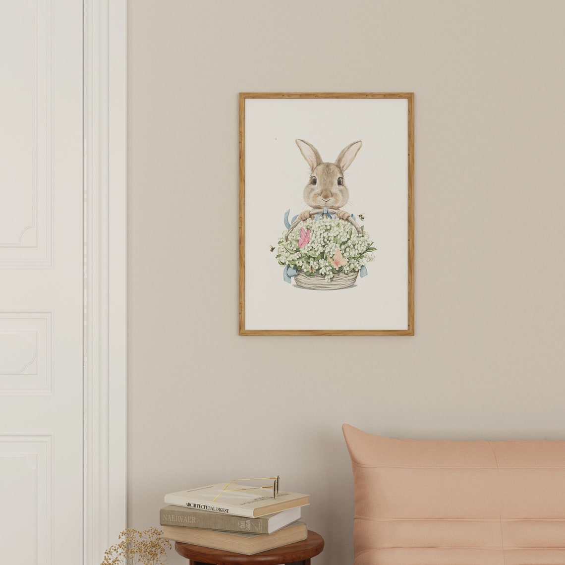 Watercolor Bunny Holding Flower Basket Lily Valley Nursery Poster - Image 3