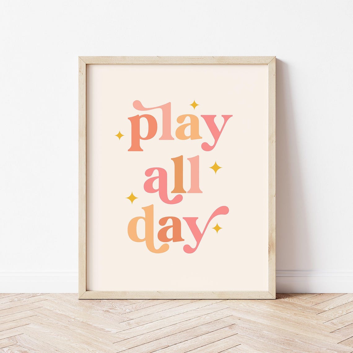 Play All Day Pink Orange Retro Script Playroom Quote Wall Art