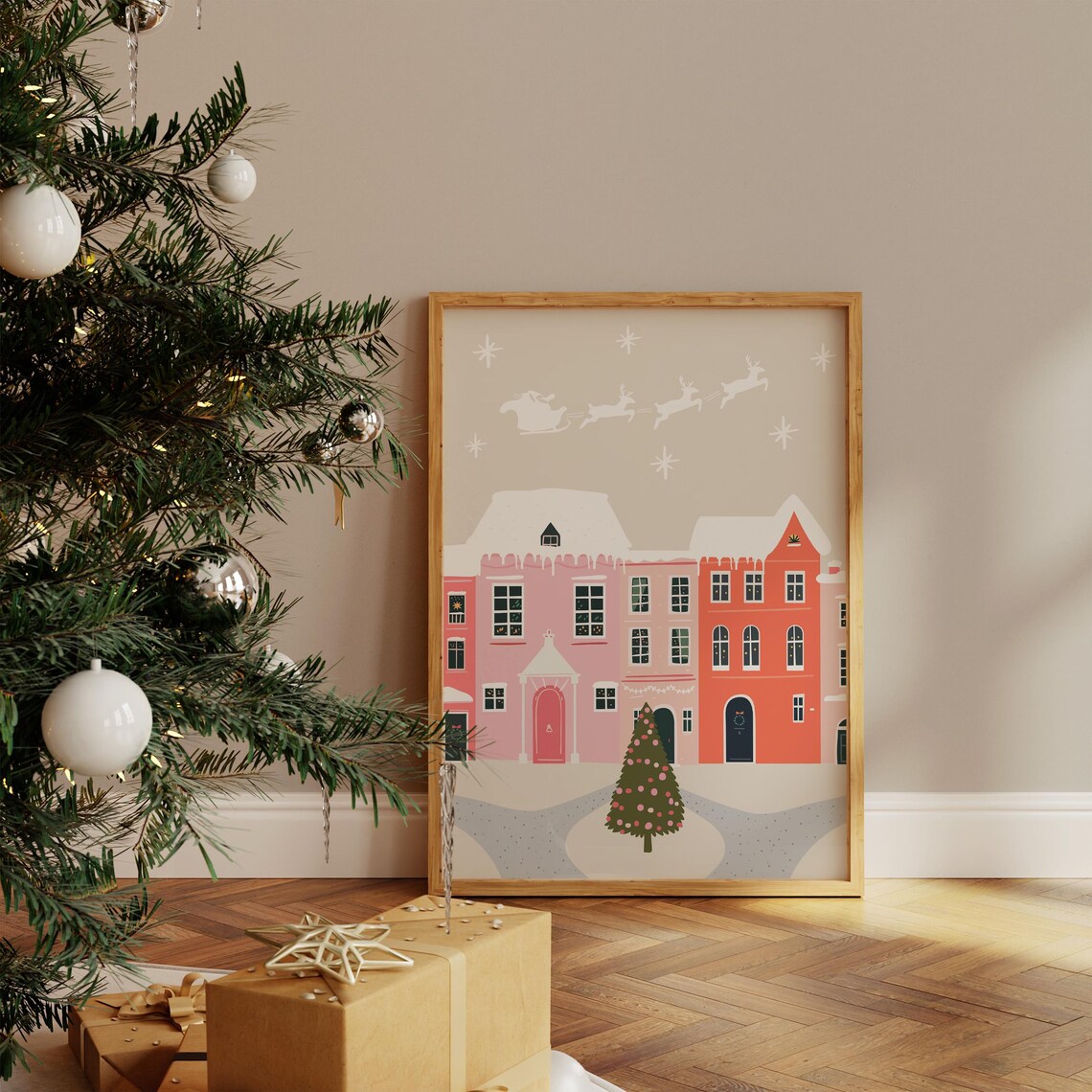 Pink Christmas Townhouses Santa Sleigh Snowy Village Night Poster - Image 2