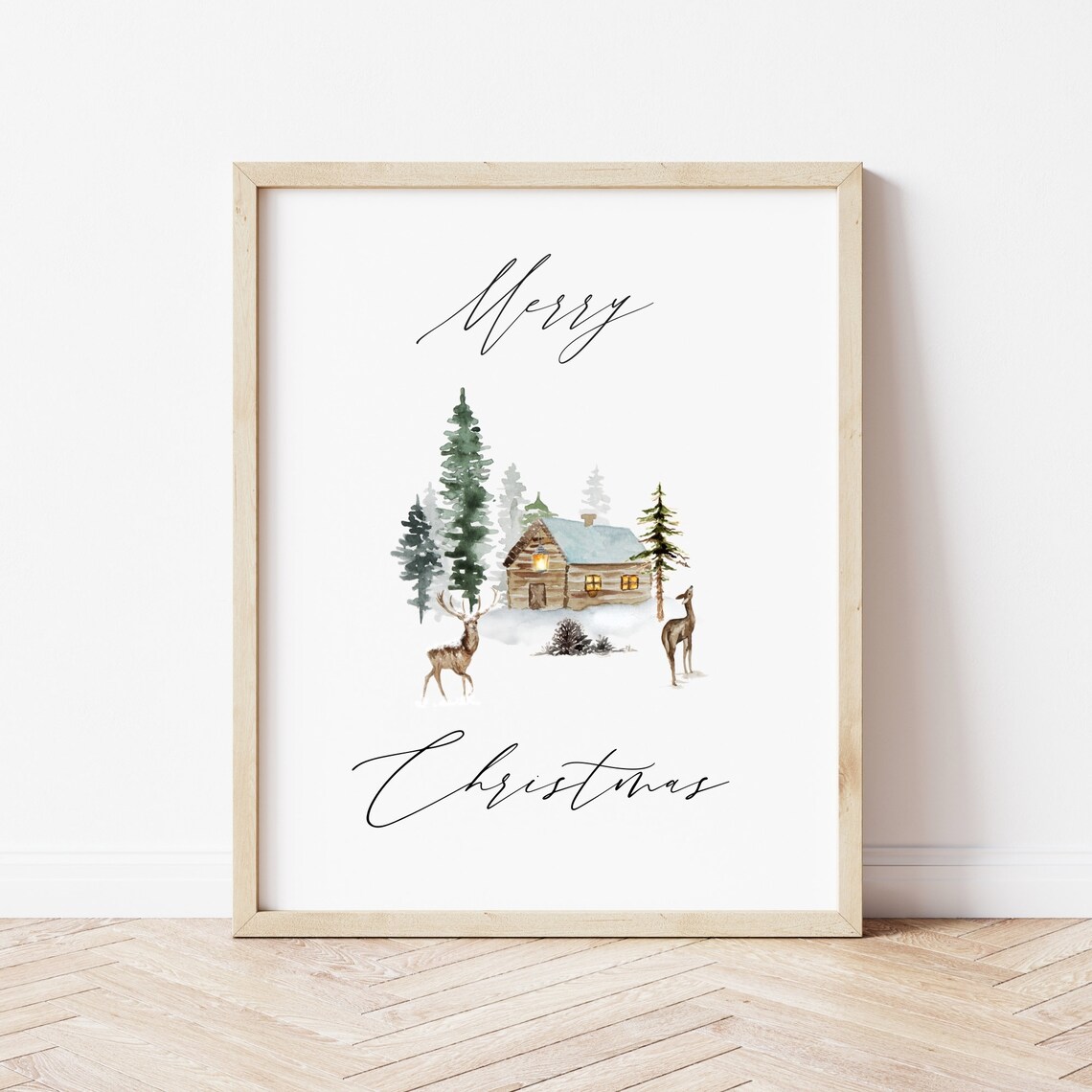 Merry Christmas Watercolor Cabin Deer Pines Cozy Holiday Art Poster - Image 3