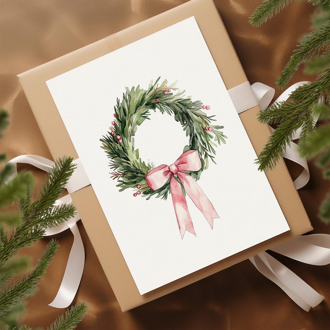 Watercolor Christmas Wreath with Pink Bow and Berries Poster - Image 2