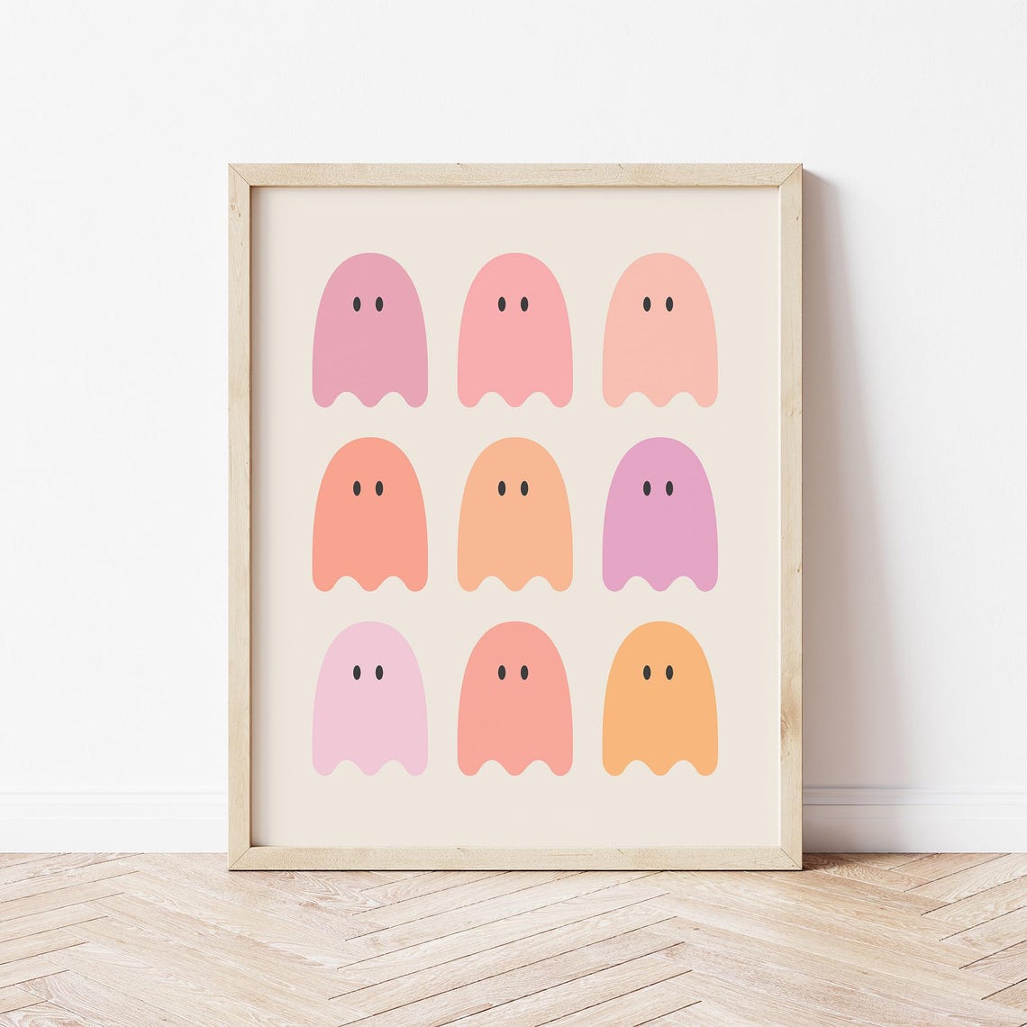 Nine Cute Pastel Ghosts Grid Pattern Minimal Halloween Poster