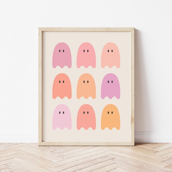 Nine Cute Pastel Ghosts Grid Pattern Minimal Halloween Poster