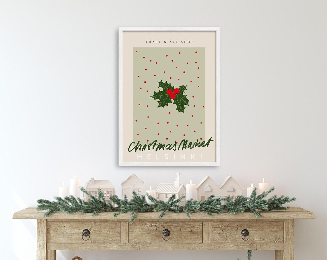 Helsinki Christmas Market Holly Sprig Minimal Botanical Travel Poster