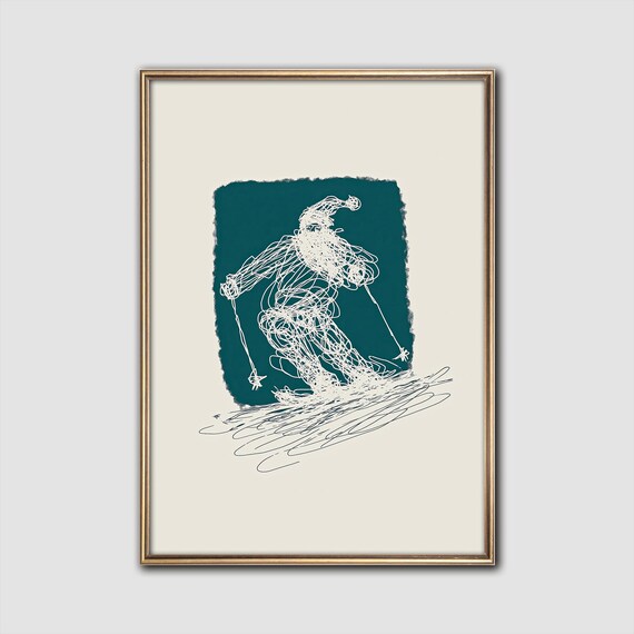 Green Skiing Santa Scribble Line Art Whimsical Winter Wall Art