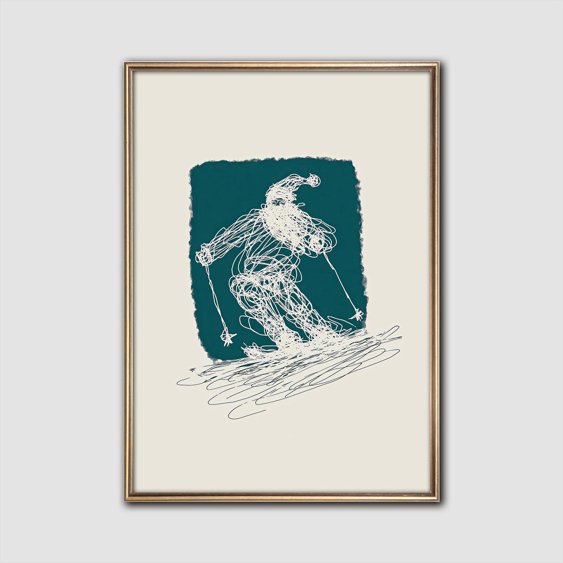 Green Skiing Santa Scribble Line Art Whimsical Winter Wall Art