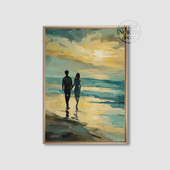 Romantic Couple Walking Beach At Sunset Moody Coastal Painting Poster