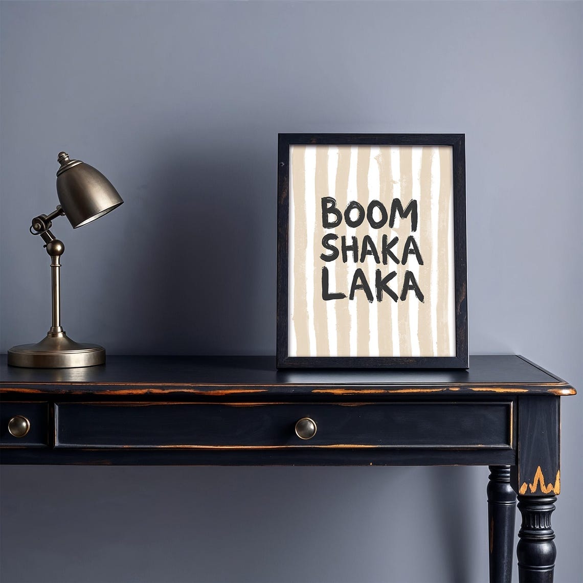 Boom Shaka Laka Bold Retro Typography Quote Beige Stripe Wall Art