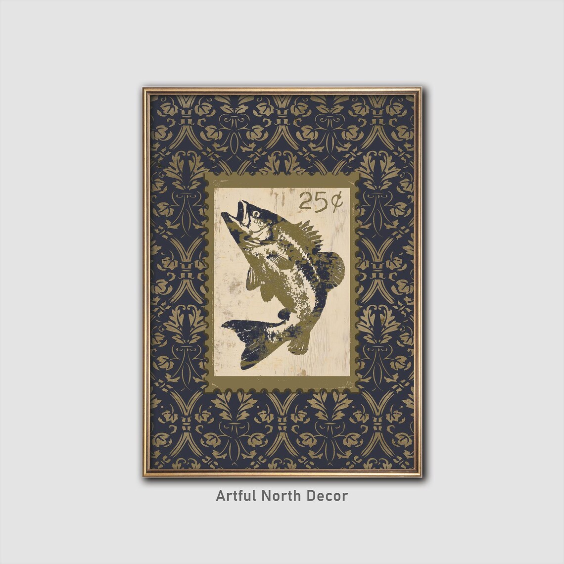 Vintage Bass Fishing Postage Stamp Print With Navy Damask Wallpaper Style