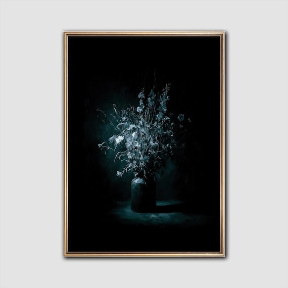Moody Dark Floral Still Life White Flowers on Black Art Poster