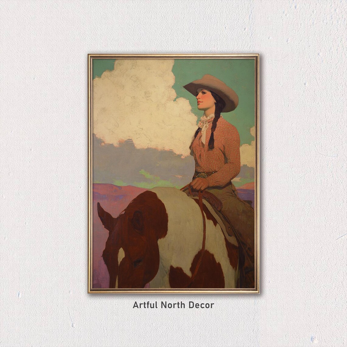 Classic Vintage Cowgirl On Pinto Horse Turquoise Sky Western Poster