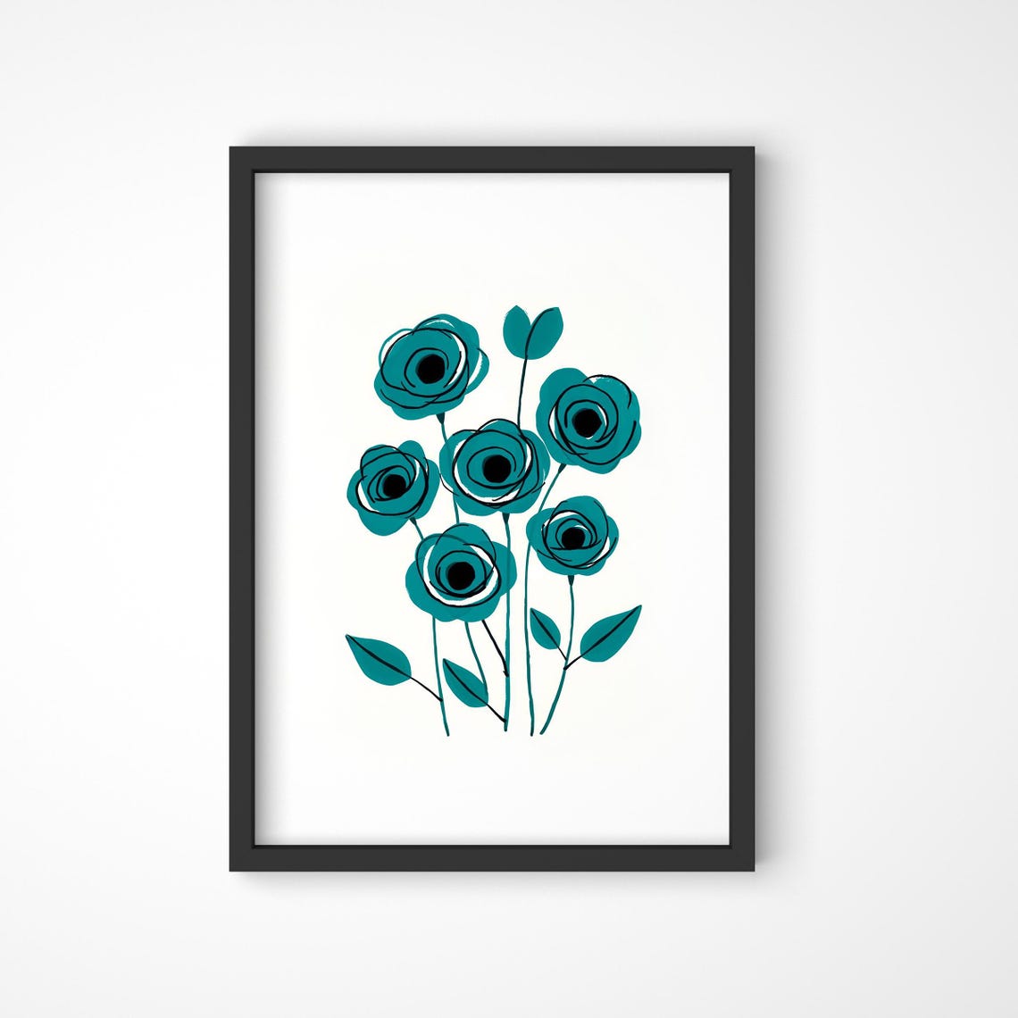 Abstract Teal Rose Print Modern Floral Wall Art