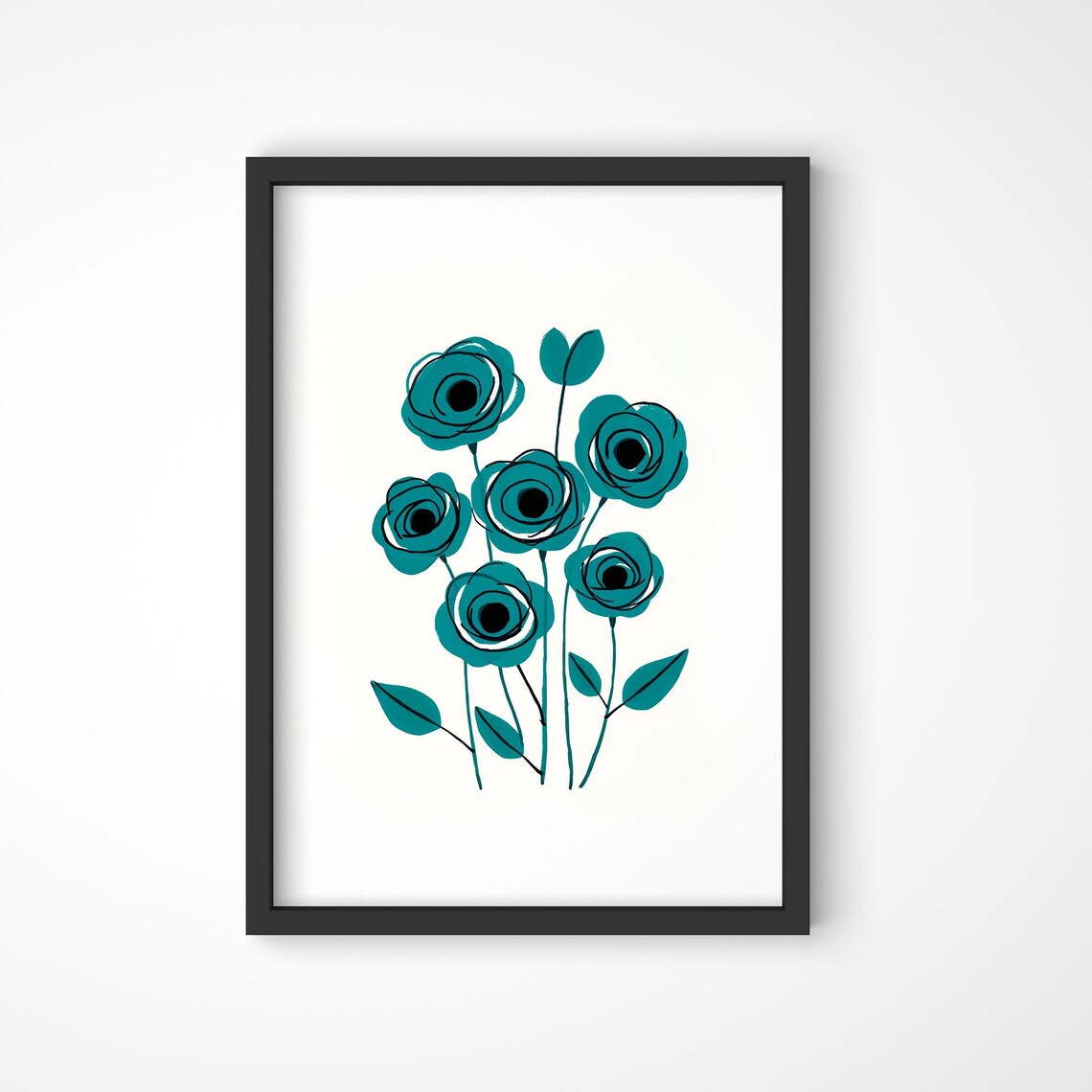 Teal Roses Minimalist Line Art Floral Bouquet Modern Botanical Poster